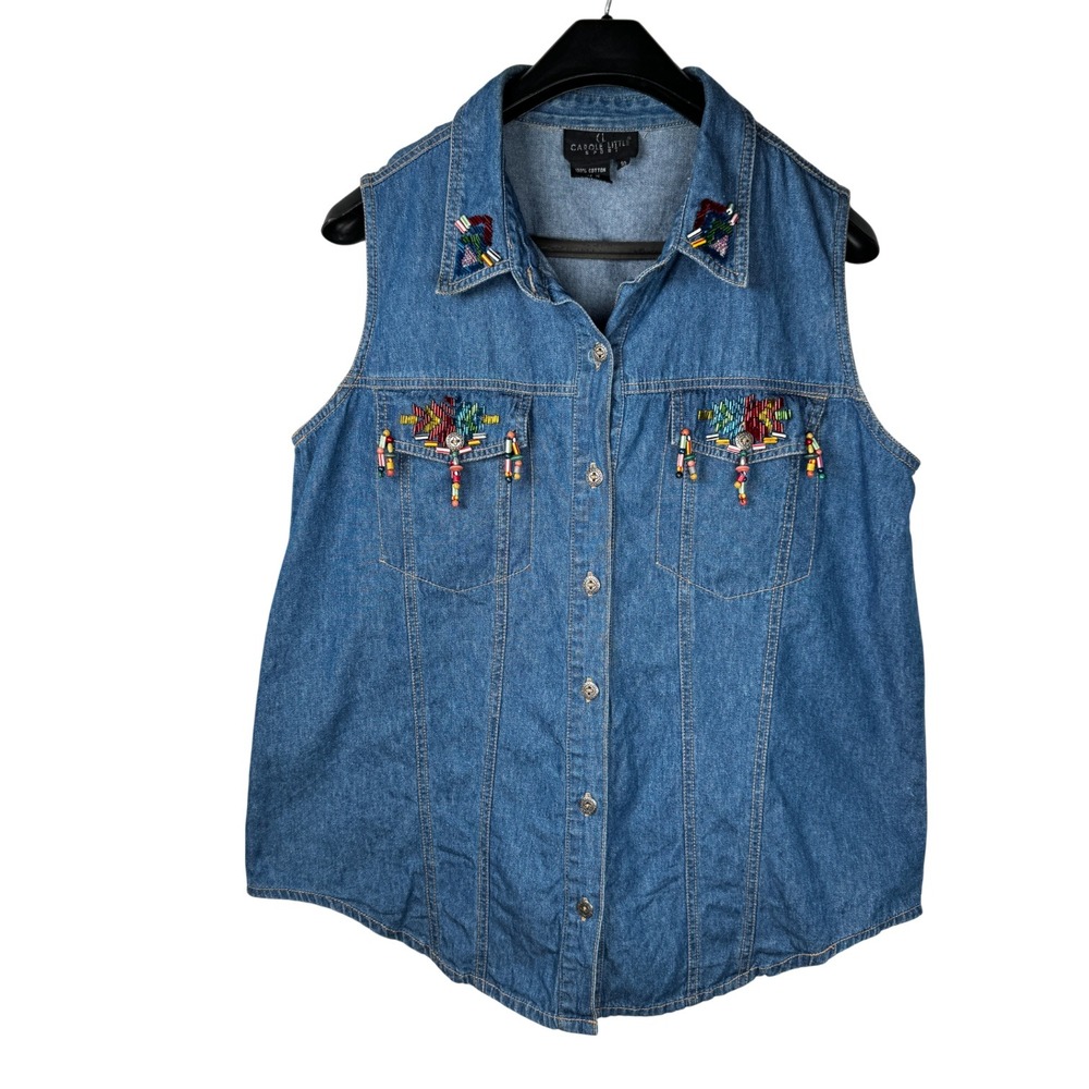 Vtg Carole Little Beaded Embellished Sleeveless‎ Blue Denim Top Sz 10 Beaded Y2K - Picture 2 of 11